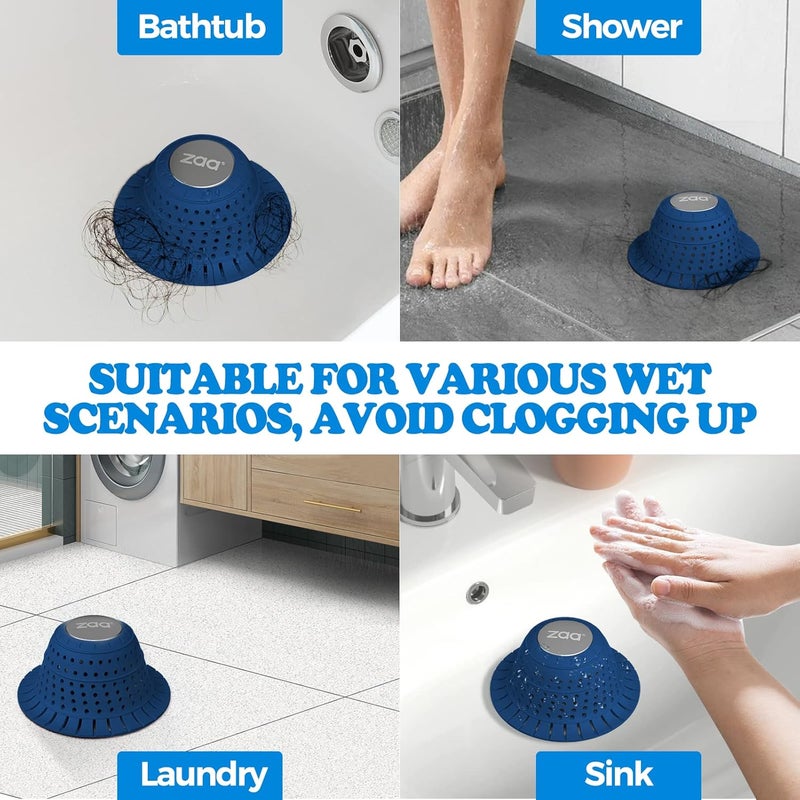 zaa Bathtub Drain Hair Catcher, Silicone Collapsible 1 Pack Drain Protector for Pop-Up and Regular Drains of Shower, Bathtub, Tub, Bathroom, Sink, Dark-Blue - Image 2
